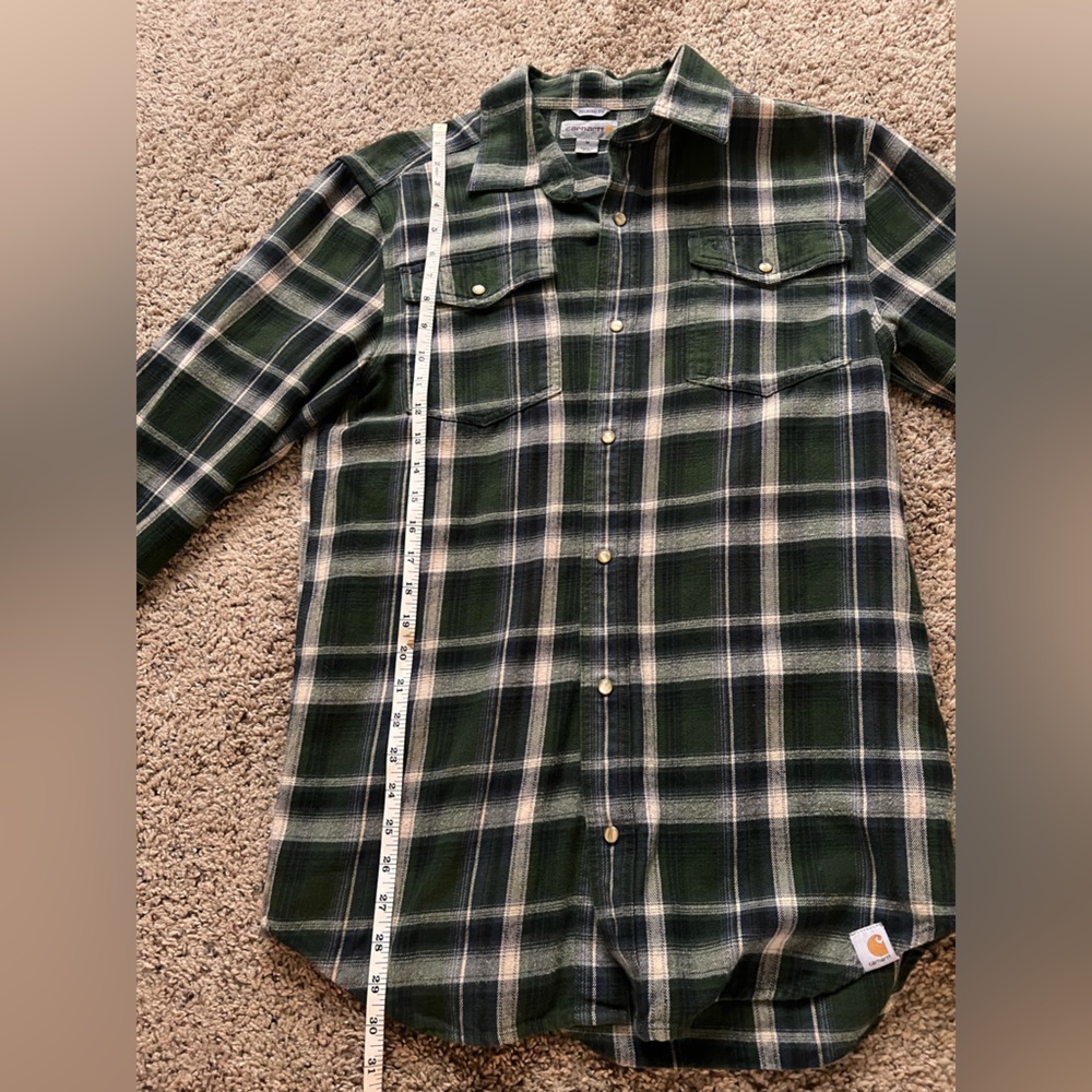 Forest green plaid Carhartt button up with pearl snaps
